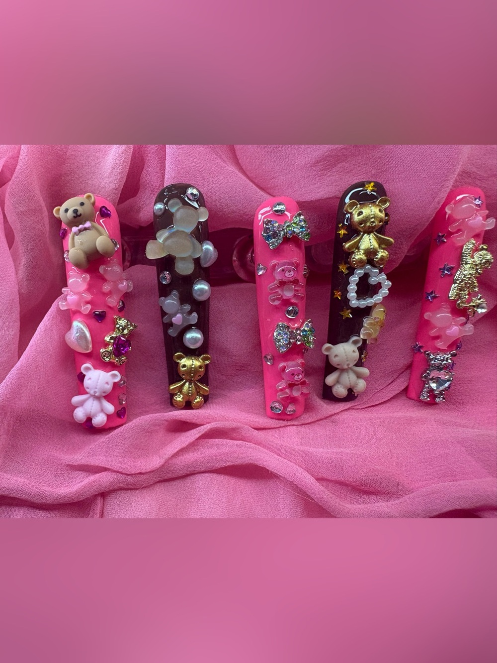 3D Teddy love 💕 Pink & Brown Press-On Nails with Rhinestone Accents -